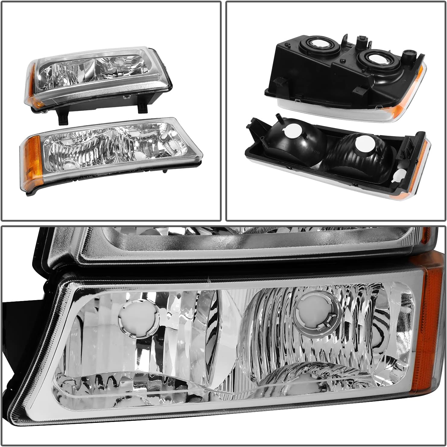 DNA MOTORING Pair Headlight Assembly Compatible with 2003-2006 Chevy Silverado 1500 2500 3500 1500 HD 2500 HD Avalanche 1500 2500, w/o Factory Cladding, Chrome/Amber, HL-OH-CS03-4P-CH-AM