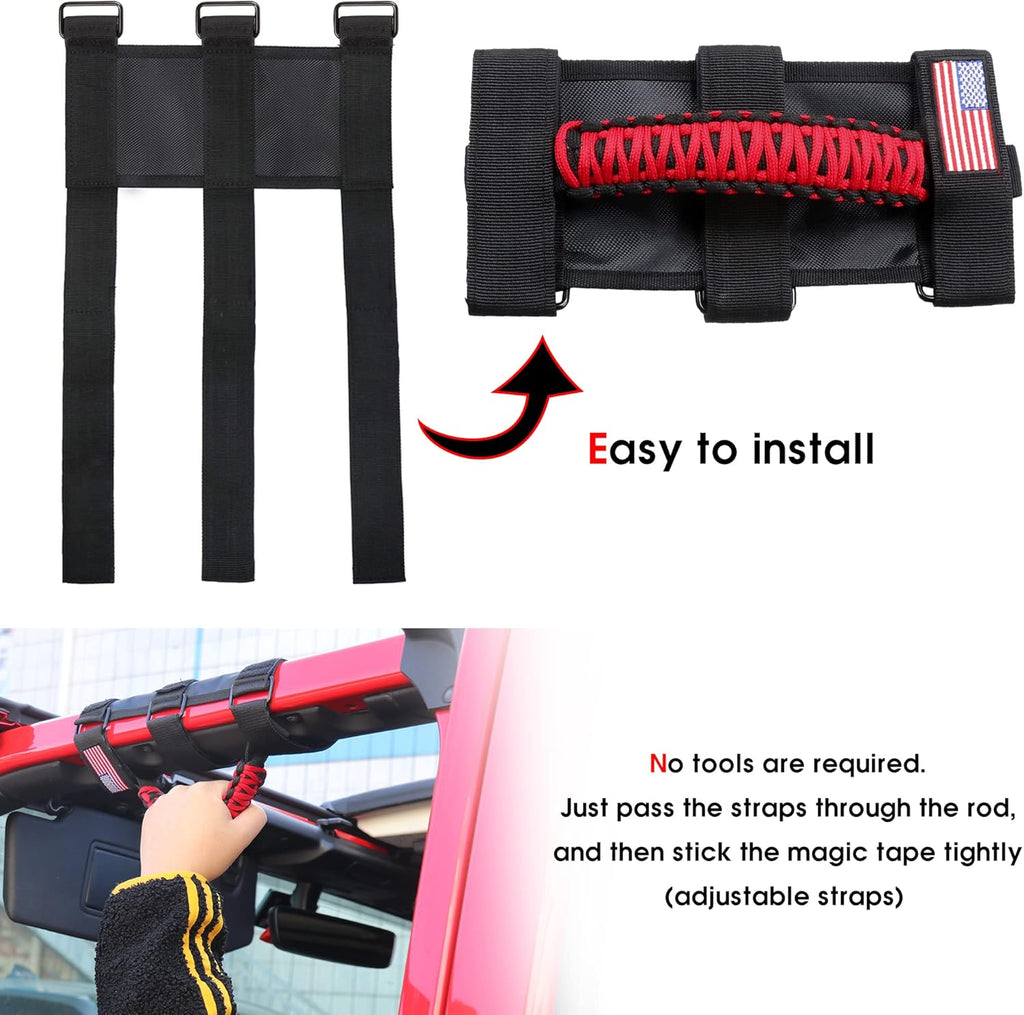 sukemichi Handles Grab Roll Bar Grab Handles Grip Handle for Jeep Wrangler Accessories TJ JK JL Gladiator JT UTV ATV - Upgrade Metal Buckle, Red, 2 Pack (Not for Sky One Touch Roof, Not for 2024+ Up)