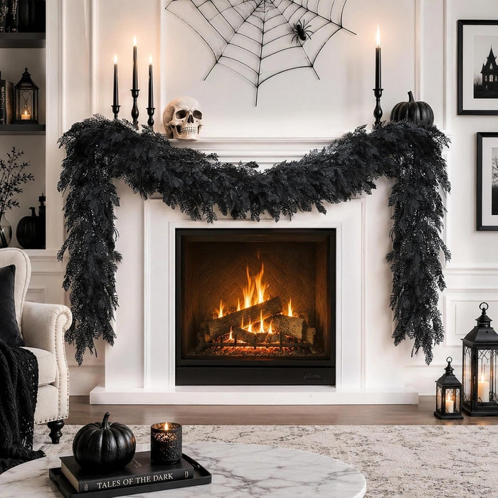 Halloween Garland 8.9FT Decorations Black Real Touch Cedar Cypress Pine Plant Artificial Halloween Garland for Mantle, Fireplace, Table, Stairs, Door, Porch, Indoor Outdoor Decorations, Black