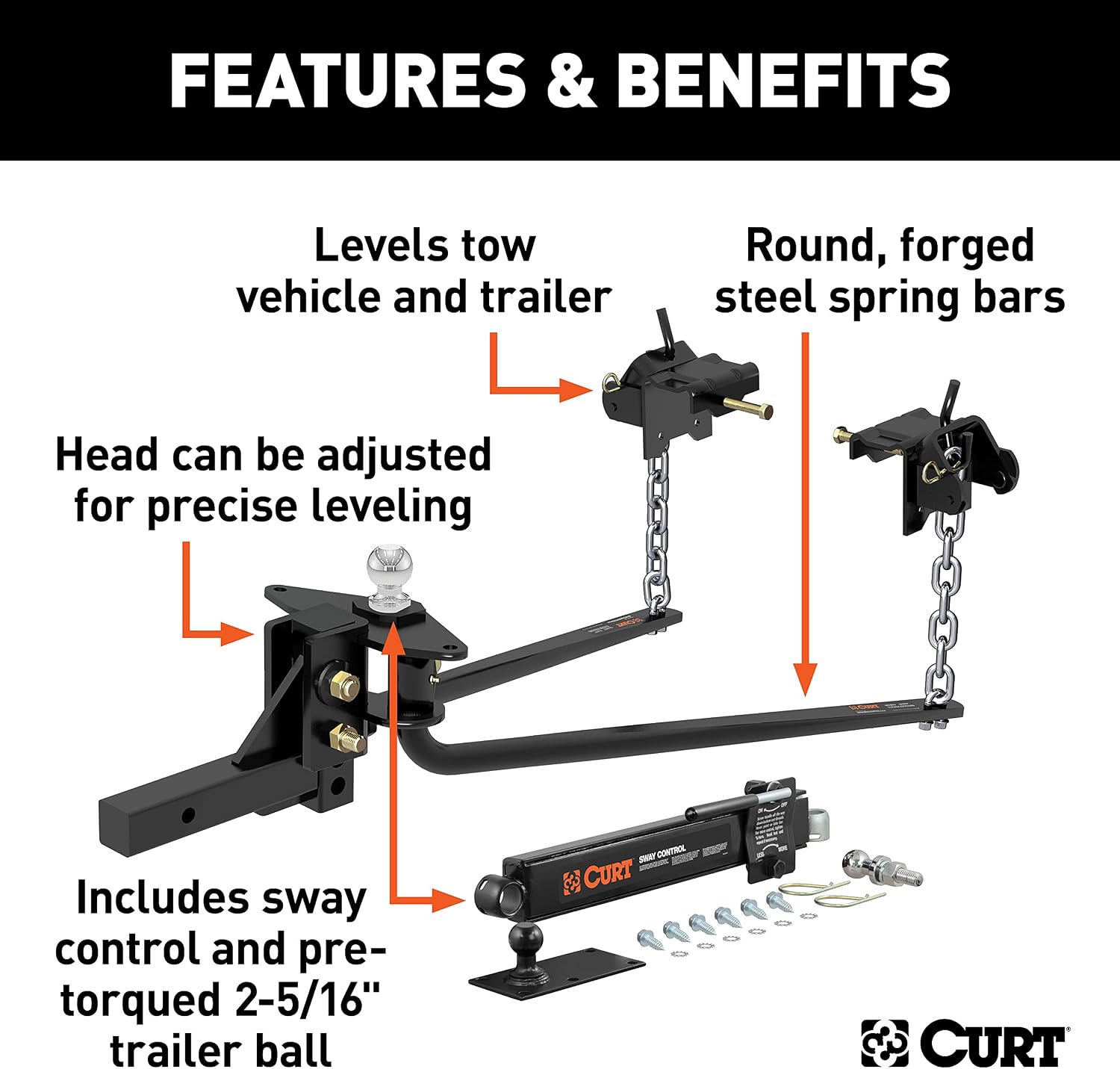 CURT 17063 Round Bar Weight Distribution Hitch with Sway Control, 2" Shank, 2-5/16" Ball, 10,000-14,000 lb GTW, 1,000-1,400 lb TW, Integrated Lubrication for Travel Trailers and Campers