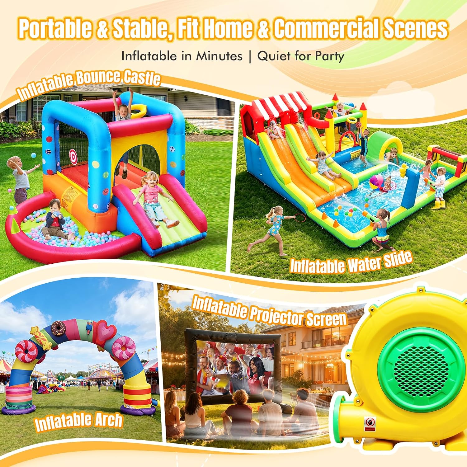 Step4Fun Bounce House Air Blower for Inflatables, 1100W Watt ETL Certified Electric Blower, Perfect for Inflatable Bounce House Water Slide and Bouncy Castle Indoor & Outdoor Yellow