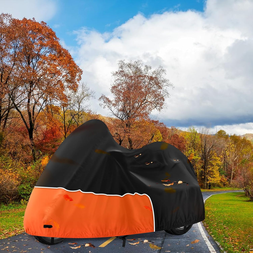 Trike Cover, Waterproof 3 Wheel Motorcycle Cover for Harley Davidson, Honda Goldwing, Kawasaki Trike Accessories, with Windproof Buckle, Reflective Strap, Black&Orange