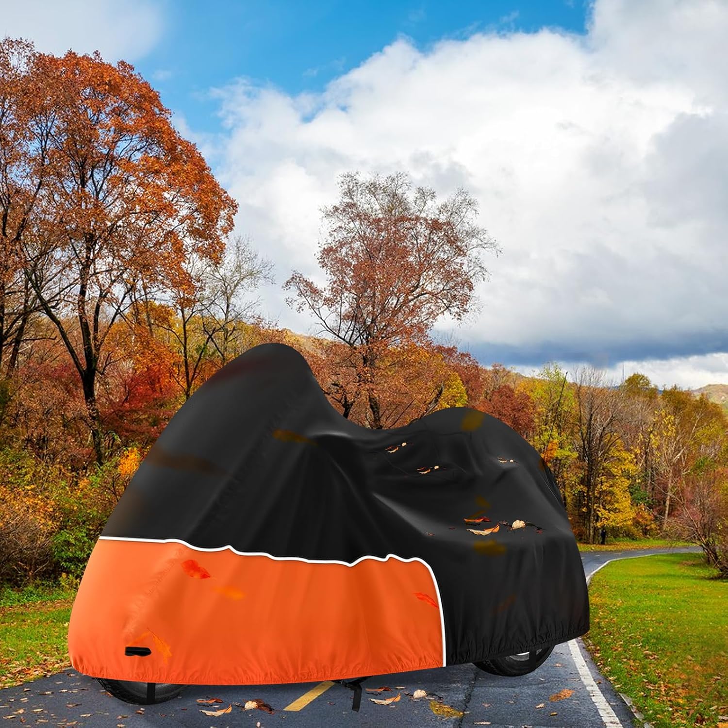 Trike Cover, Waterproof 3 Wheel Motorcycle Cover for Harley Davidson, Honda Goldwing, Kawasaki Trike Accessories, with Windproof Buckle, Reflective Strap, Black&Orange