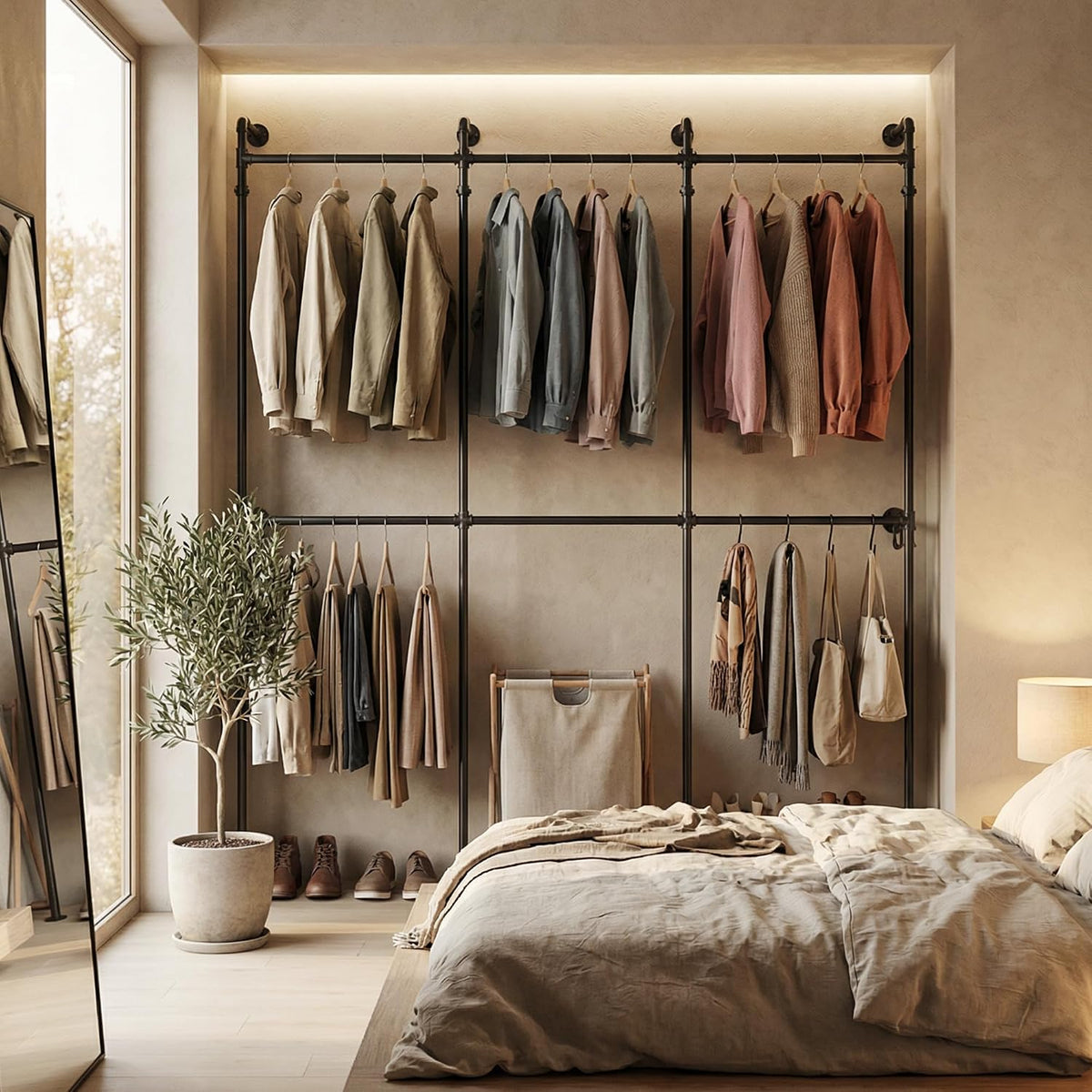 kryonix wall mounted closet system, 6 hanging rods showing dimensions