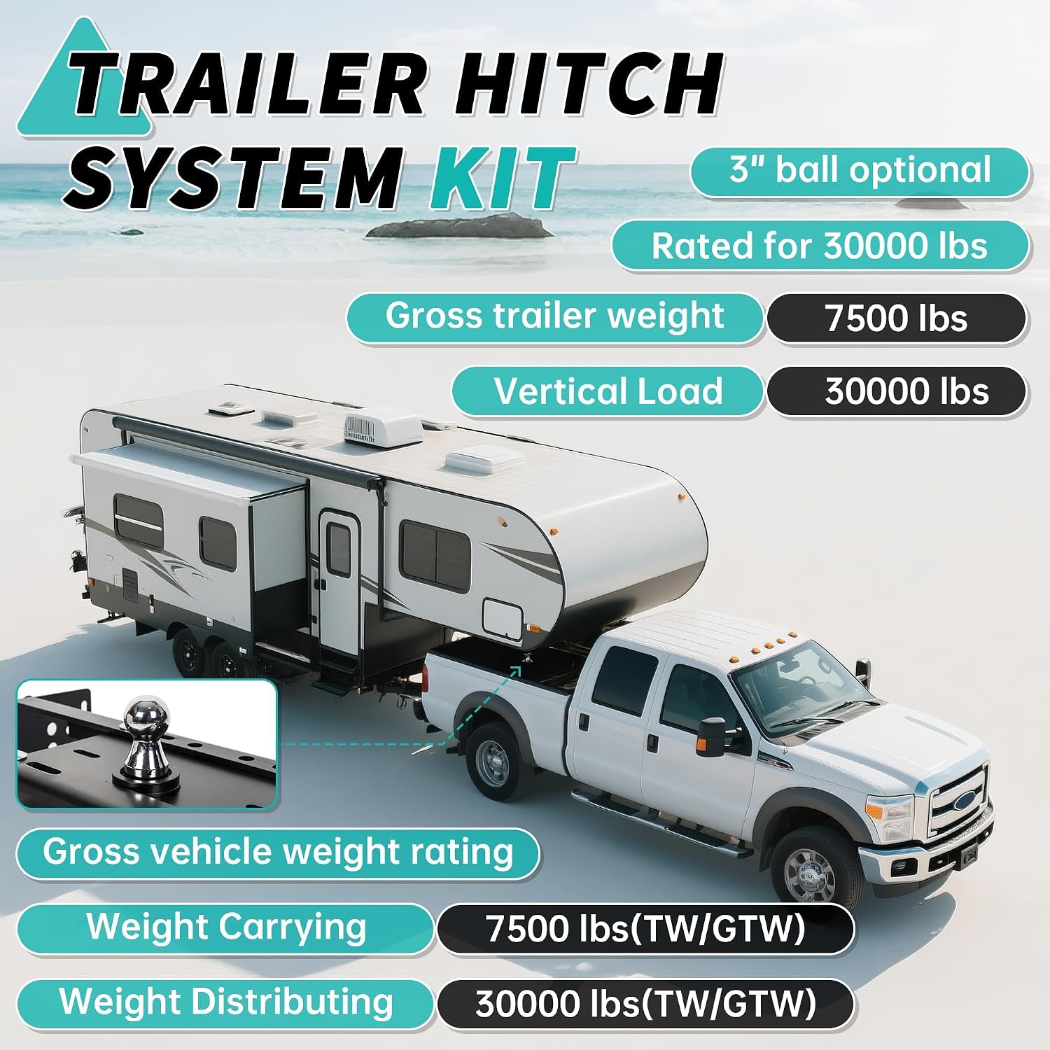 ECOTRIC Gooseneck Trailer Hitch Compatible with 1999-2016 Ford F250 F350 Super Duty Complete Underbed Gooseneck Rail Trailer Hitch System Kit, 2-5/16-In. Flip-Over Ball, 30,000 lbs