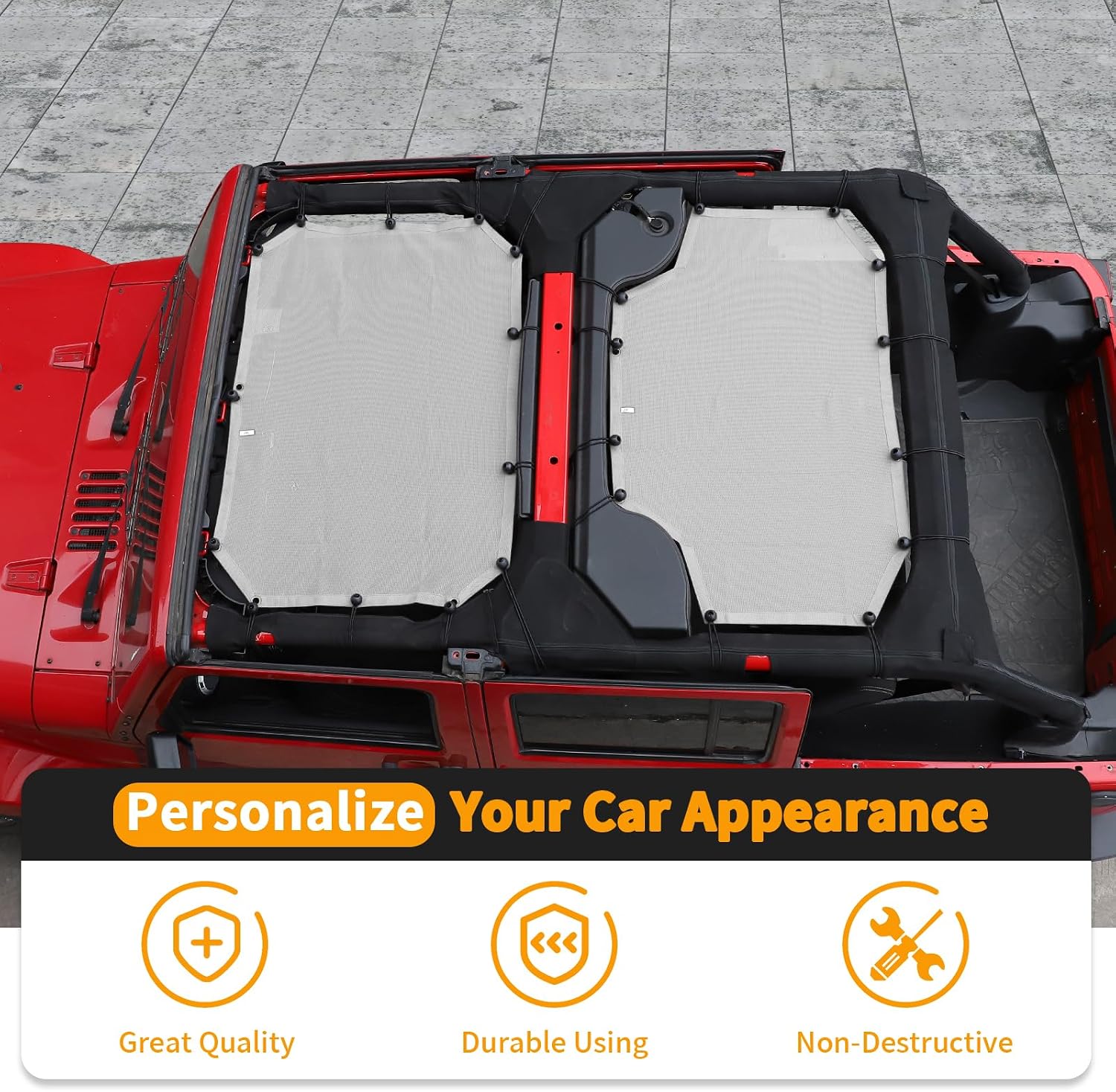 Hoolcar Front & Rear Sun Shade Mesh for Jeep Wrangler JK Unlimited (2007-2017) 4 Doors - American Flag Sunshade Screen JKU Top Cover UV Blocker, Grey