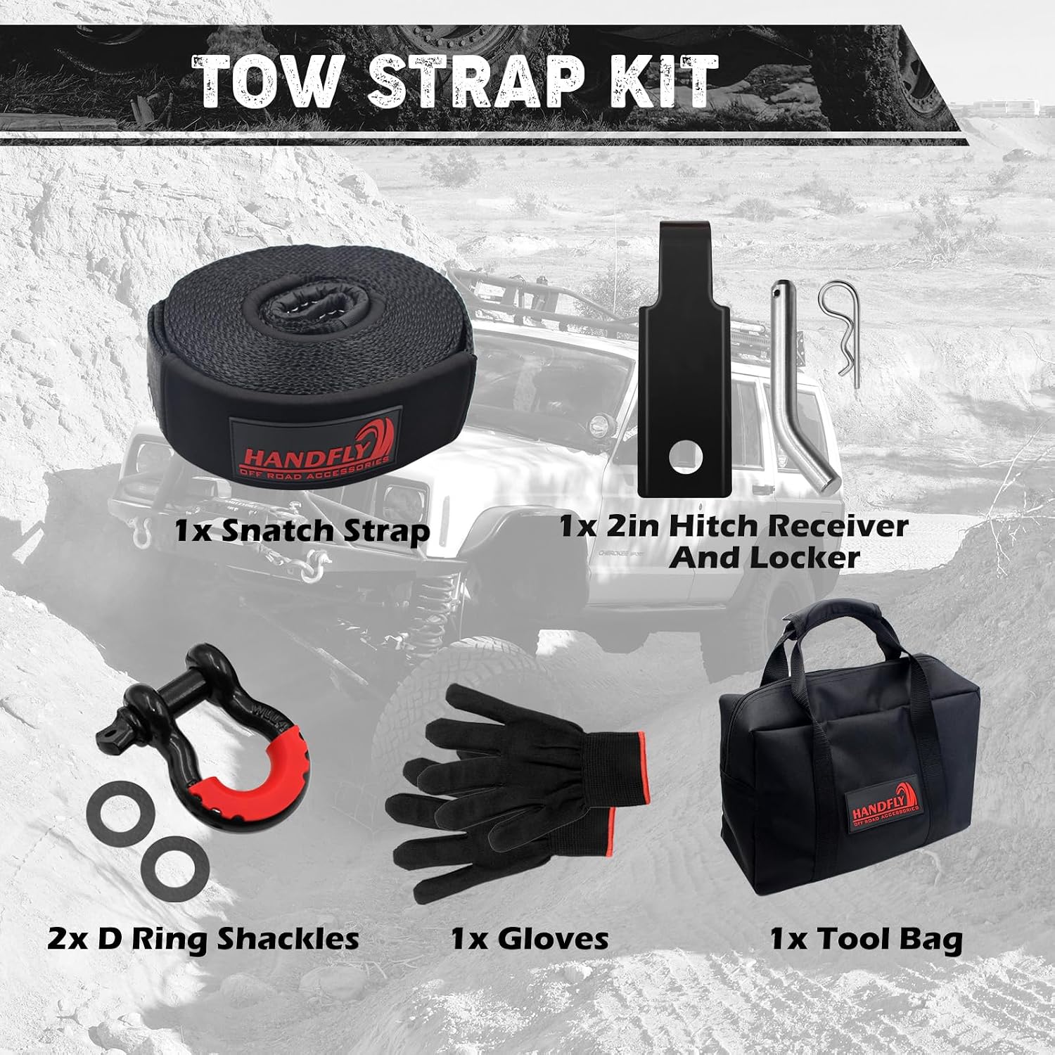 Offroad Recovery Kit, 3" x 30 ft Tow Recovery Strap, 1pcs Hitch Receiver, 2pcs 3/4" D-Ring Shackles with Storage Bag for Truck Jeep SUV ATV