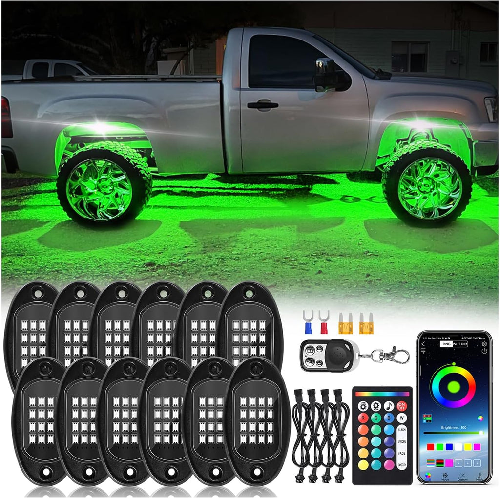 12Pods RGB LED Rock Lights Kit with APP/RF Remote Control Dual Zone Brake, Car Underglow Lights Multicolor Neon Underbody Lights Waterproof 12V for Trucks Pickup Jeep Golf Cart SXS ATV