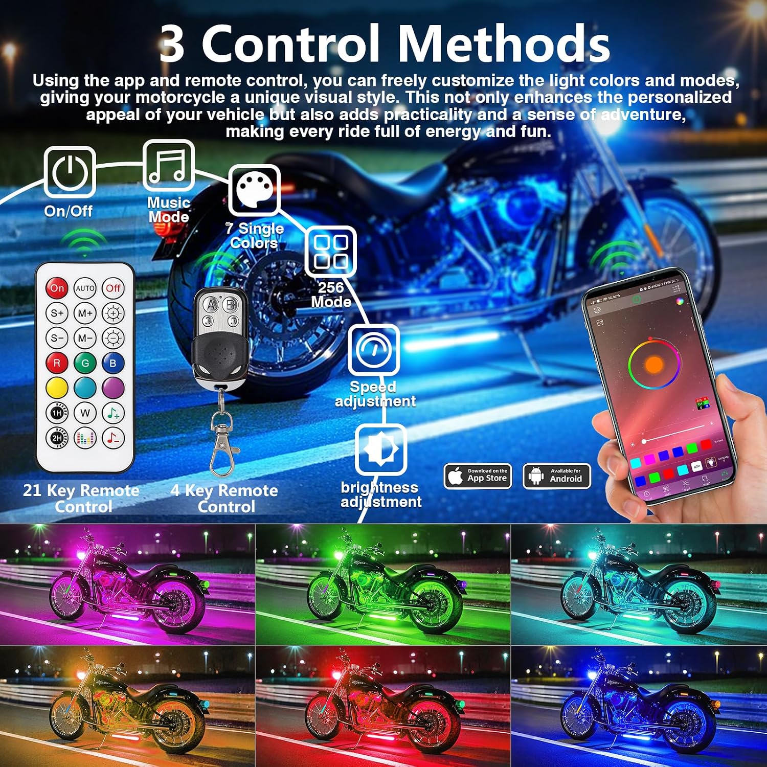 18Pcs RGB+IC Chasing Motorcycle LED Lights with APP/RF Remote, Dreamcolor Motorcycle LED Underglow Kit with Brake Turn Signal, 12V Waterproof Neon Strip Lights Kit for Harley Kawasaki ATV Golf Cart