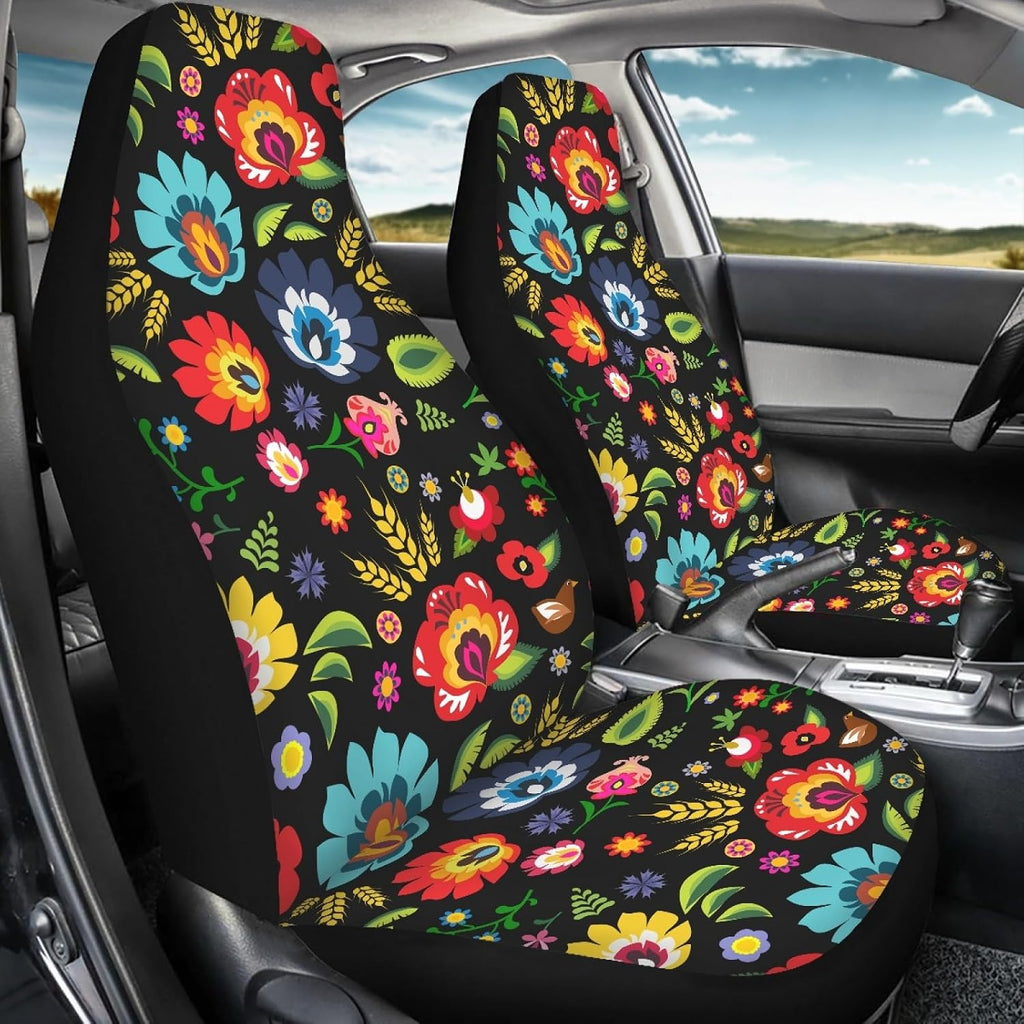 bulopur black boho floral car seat covers front, close-up detail