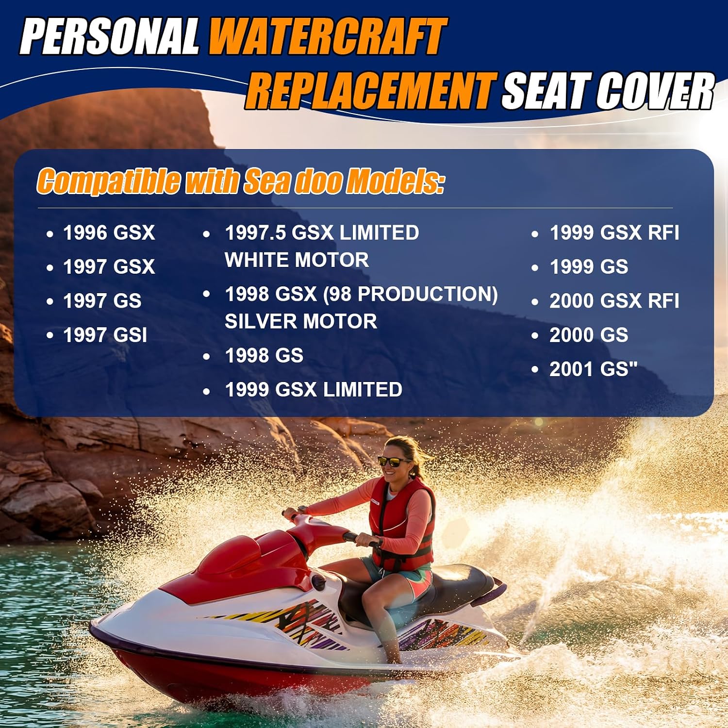 Seat Cover Replacement for 1996-2001 Seadoo GS/GSI/GSX LTD/RFI | 3-Layer Custom Fit Faux Leather: Waterproof, Filter Inner, Tough Base. Staple Install (Basic Setup Accessories Kit Included)