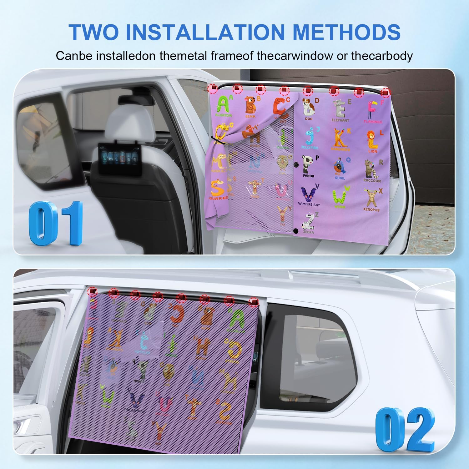 Car Window Shades, [Upgraded] 8 Strong Magnets Magnetic Side Window Sun Shade [2 Pack] - Dual Layer UV Ray Protection Car Sunshade for Baby, Kids & Pets.Animal Alphabet Pattern