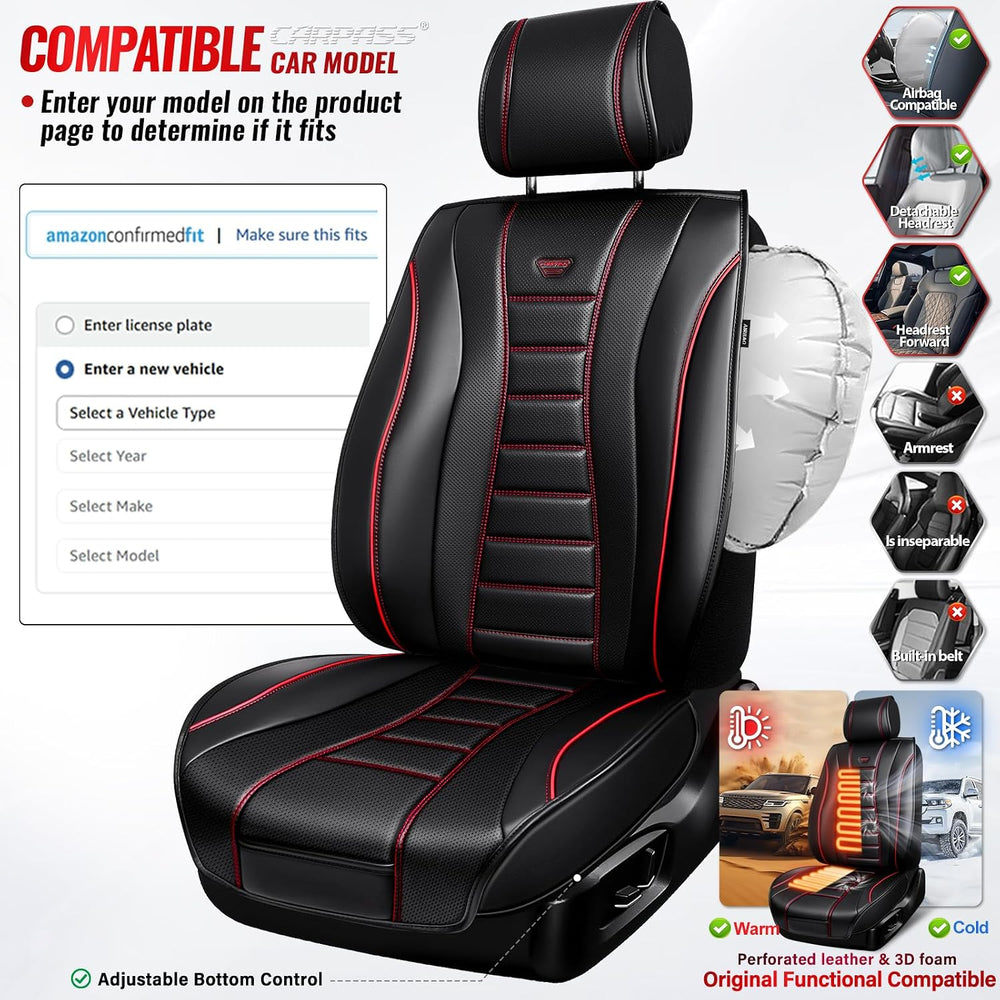CAR PASS Nappa Leather Seat Covers, Universal FIT Piping Leather Car Seat Cov...