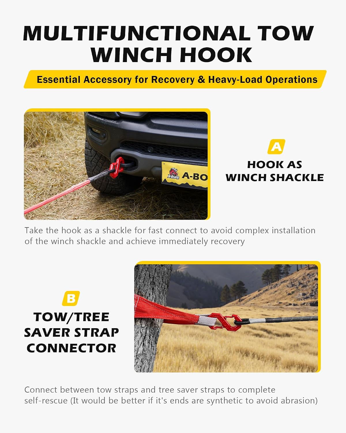 3/8" Tow Hook, S-Shaped Winch Hook, 33,000lbs Breaking Strength, G80 Heavy Duty Forged Steel, Fast Connect Easy Release Winch Shackle Towing Hook for Trucks, SUVs, ATVs, Trailers, Red