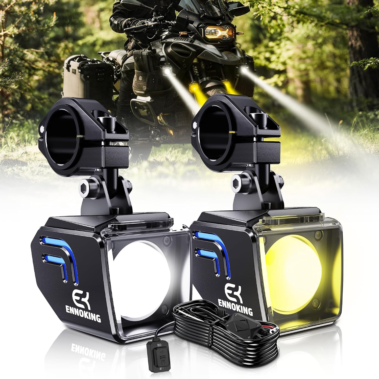 Motorcycle LED Fog Lights 2 Inch White/Amber Dual Color LED Pods Auxiliary 4 Modes Strobe Square Driving Light Spotlights with Blue Backlight for ATV UTV Off-Road Truck Pickup Tractor RV
