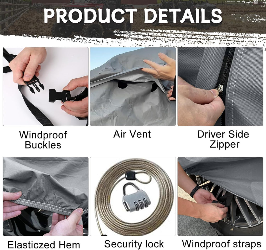 Waterproof UTV Cover Compatible with Honda Pioneer 2 Seaters, 6 Layers All Weather Cover with Air Vents, Door Zipper and Windproof Buckles and Bands for Rain Snow Dust Protection