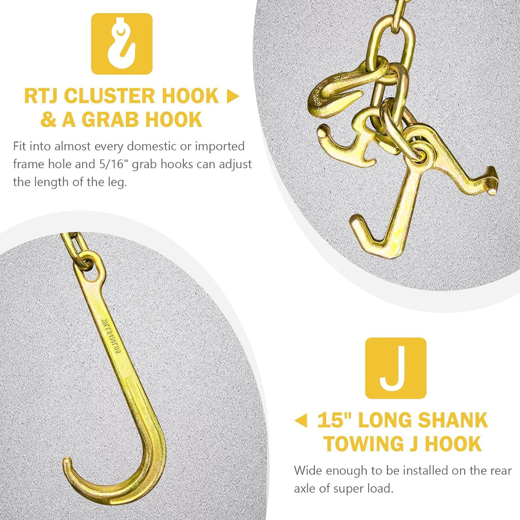 2PCs G80 j Hooks Tow Chain, 5/16" x10' Recovery Tow Hooks Chain 15IN J Hook w/RTJ & Grab Hook, 18800LBS Wrecker Towing Truck Equipment Accessories J Hooks, Bridle Tow Transport Chain
