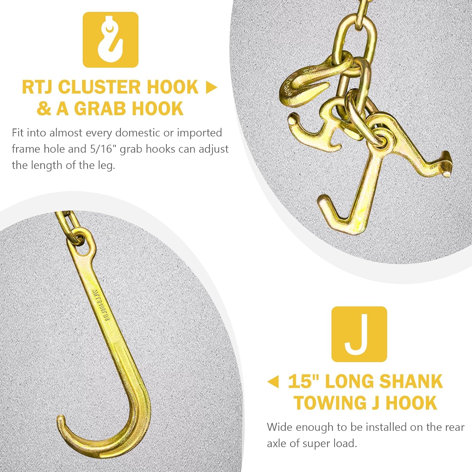 2PCs G80 j Hooks Tow Chain, 5/16" x10' Recovery Tow Hooks Chain 15IN J Hook w/RTJ & Grab Hook, 18800LBS Wrecker Towing Truck Equipment Accessories J Hooks, Bridle Tow Transport Chain