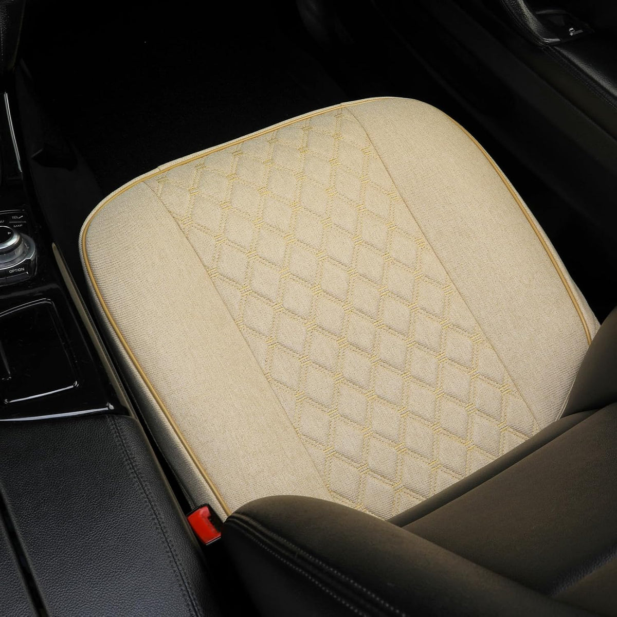 west llama linen front car seat cover protector shown in use