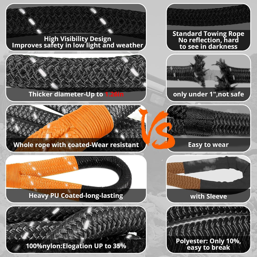 Kinetic Recovery Tow Rope - 1.26" x30FT 55000LBS Reflective Heavy Duty Snatch Strap Kit with Soft Shackles for Offroad Pulling Truck SUV UTV ATV Car Jeep - Black