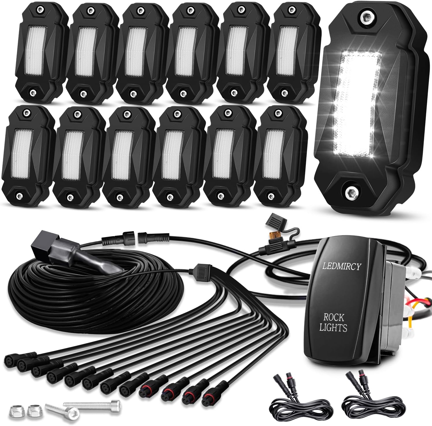 LEDMIRCY R2 Pure White Rock Lights Kit with Roker Switch Wire Harness 12PCS LED Rock Lights White for Offroad Truck ATV UTV SUV Underglow Light Trail Rig Light Under Body High Power Waterproof