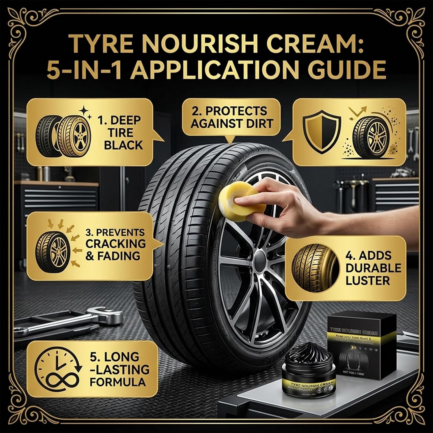 Tire Shine & Tyre Nourish Cream - Premium Wheel Restoration Wax - Long-Lasting Black Gloss Restorer Tyre Nourishing Paste for Cars, Trucks, Motorcycles - Professional Tire Dressing & Polish (1)