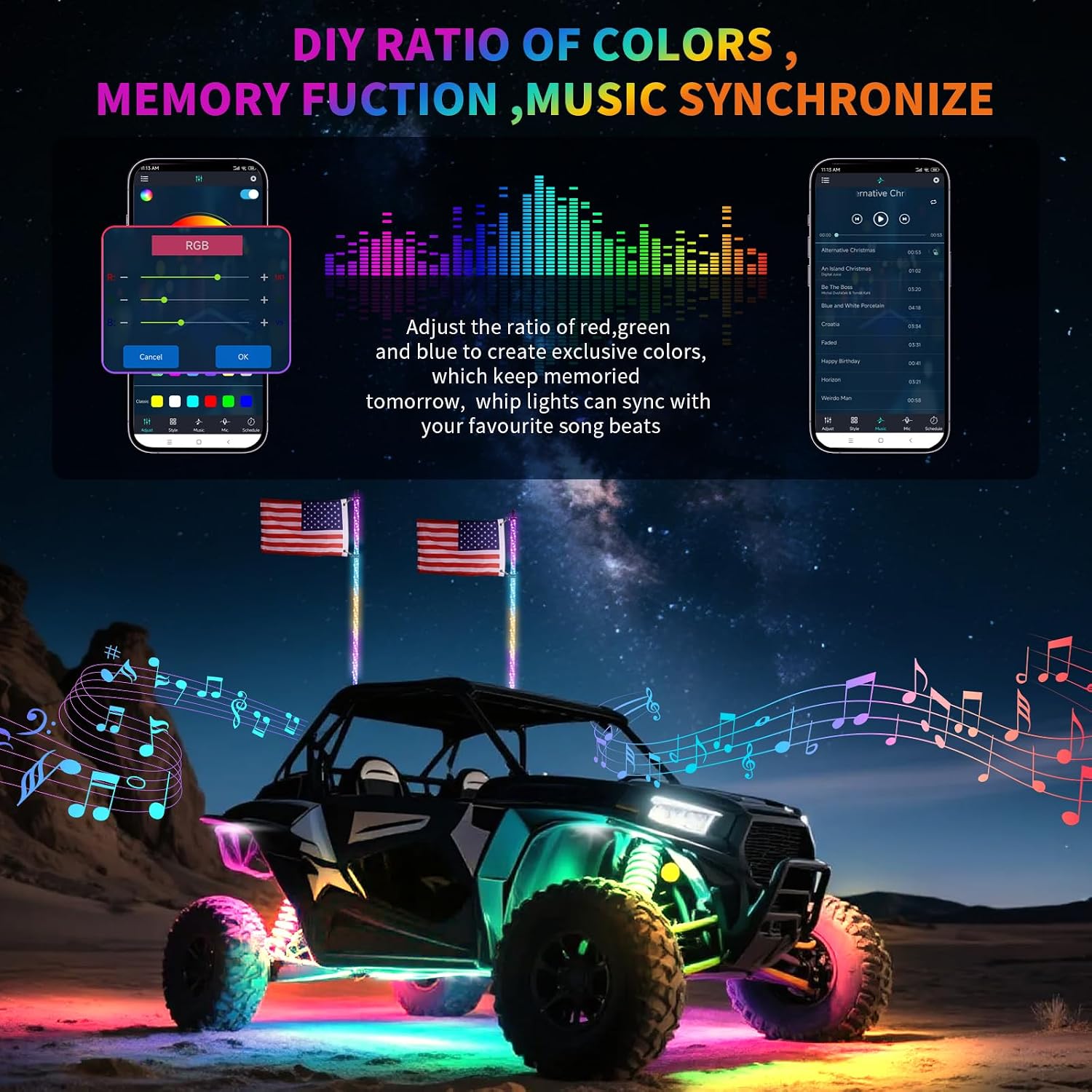 2PCS 4FT LED Whip Light and 6 Pods Rock Light Kit with Spring Base, Spiral RGB Chase and Music Lights Whips with Rocker Switch, App & Remote Control, for UTV ATV RZR SXS Can-Am Polaris