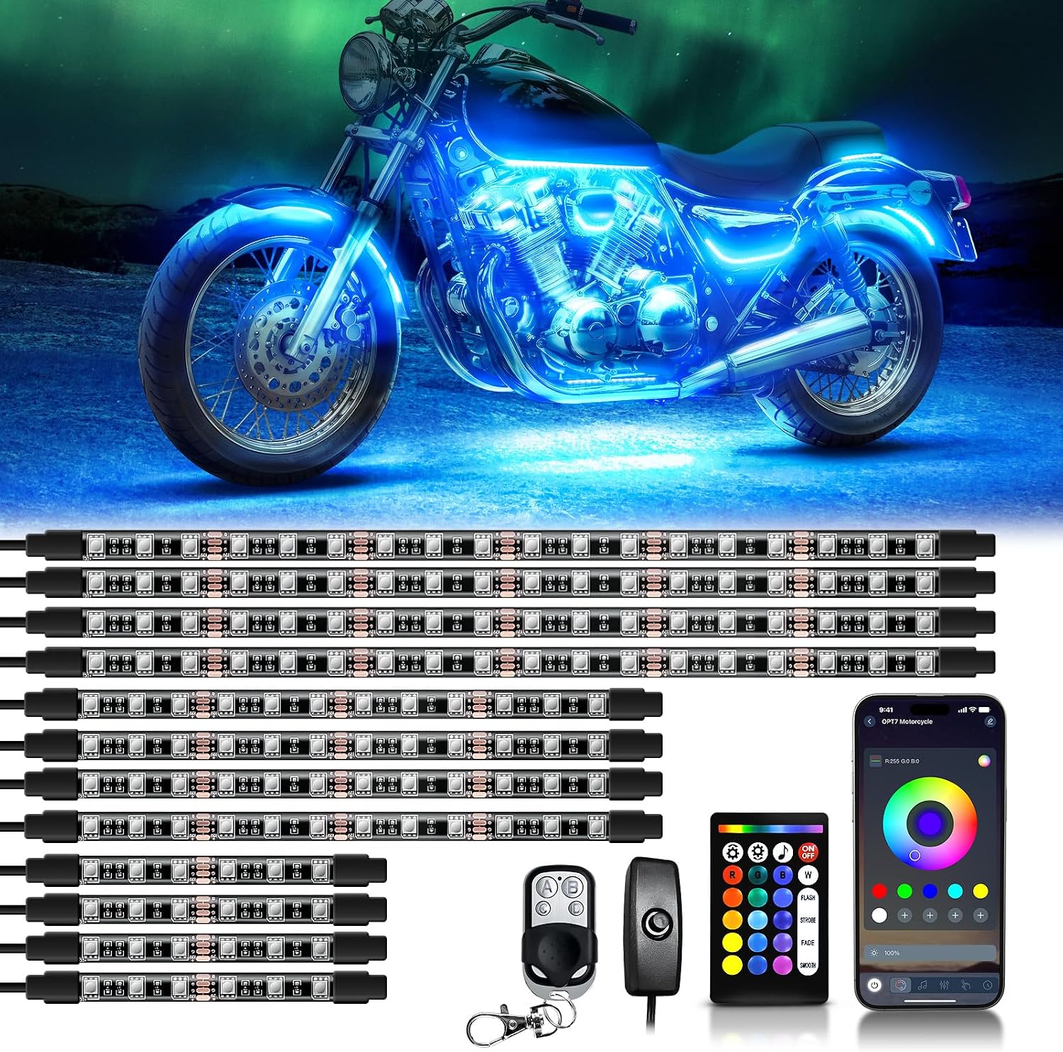 OPT7 12pcs Motorcycle LED Strip Lights for Harley Honda Yamaha Kawasaki | App & Keychain Remote Control, Neon Accent Cruiser Underglow, Sound Sync, Turn Signal & Brake Light, 12V Multicolor Decor