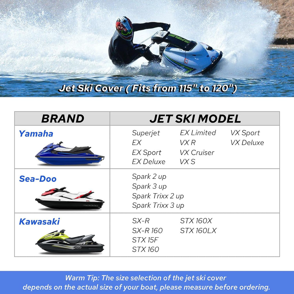 Waterproof Jet Ski Cover 2-3 Seater - Compatible with Yamaha Sea-Doo Kawasaki, 300D Trailerable PWC Cover Marine Grade UV Protection, Fit for 2-3 Seater Lengths 115'' to 120"（Blue）