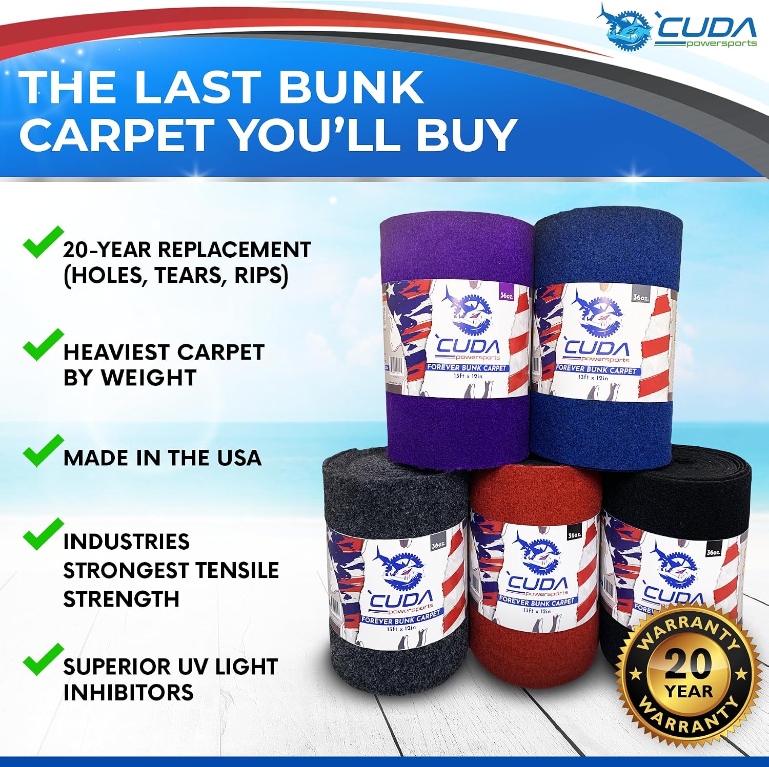 Cuda Powersports Boat Trailer Bunk Carpet (Black)- 36oz Forever Boat Bunk Carpet (18" W x 15'L, Black) Bunk Board Carpeting for Bunks
