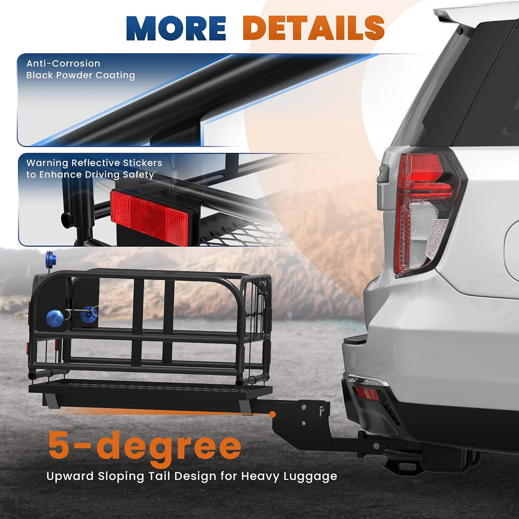 KUIPERAUTO 60" x 24" x 14" Folding Rack Hitch Mount Cargo Carrier 500 Lbs, 2" Hitch Receiver, Button Lock Luggage Basket Heavy Duty Hitch Rear Trailer Cargo Rack Compatible for SUV Truck Pickup