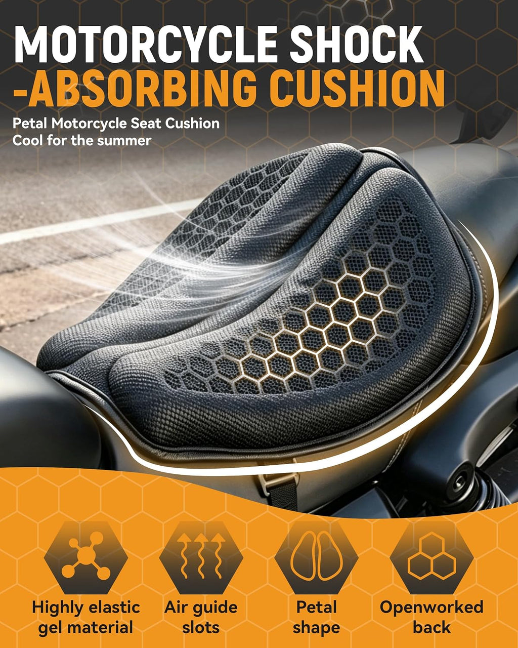 Seat Cushion with Cover - Foldable 3D Motorcycle Gel Seat Cushion, Comfort & Butt Protection for Long Rides, Non-Slip Shock Absorbing, Stay Cool & Comfortable(Cushion with Cover)