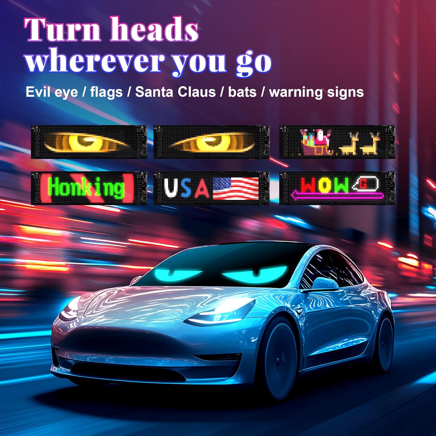 Sachie Devil's Eye 2-Pack:5800 Lux High-Brightness14 x4.3 Programmable ojos led para carro Windshield Display for Sedans, SUVs & Medium Trucks - USB-Powered LED Matrix Panel, Remote/App Control