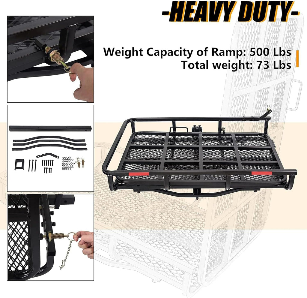 ECOTRIC Hitch Mount Wheelchair Carrier with Mobility Ramp for Wheelchair | Scooter Lawn Mower Snow Blower Hauler 500lb Capacity Basket-Style, 73lbs Weight
