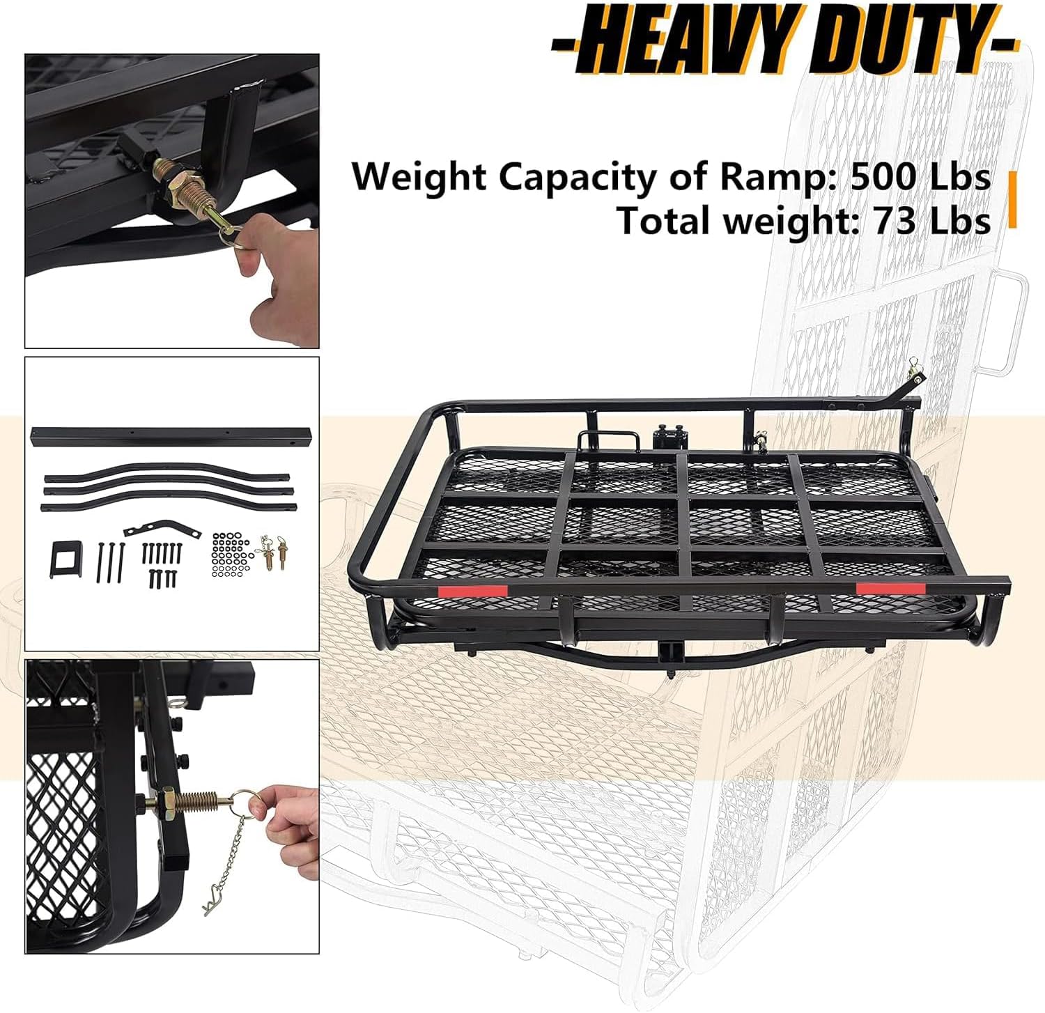 ECOTRIC Hitch Mount Wheelchair Carrier with Mobility Ramp for Wheelchair | Scooter Lawn Mower Snow Blower Hauler 500lb Capacity Basket-Style, 73lbs Weight