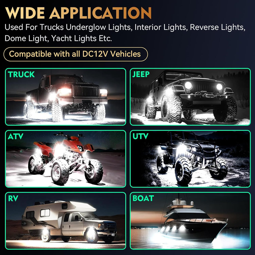 12 Pods Full Angle Pure White LED Rock Lights with Switch Harness Extension Wires, 6500K Super Bright Waterproof White Underglow Kit for ATV UTV SUV Trucks Jeeps Golf Cart Offroad Pickup