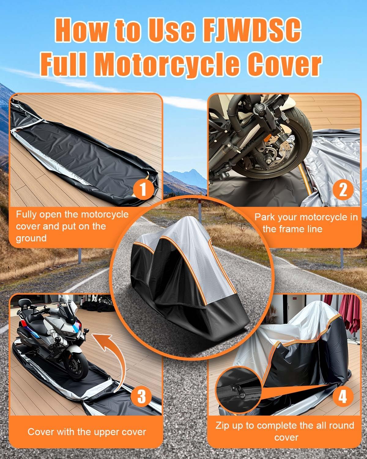 Full Enclosed Large Motorcycle Cover Waterproof Outdoor/Indoor Storage Motorcycle Cover Heavy Duty with Reflective Strips Fits Motorcycles Length up to 118" with Side+Top Box (Black+Sliver)