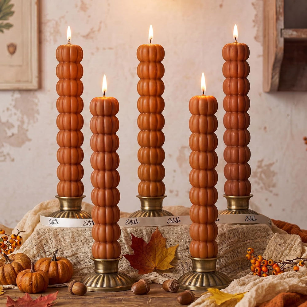 Conelist 5 Pcs Pumpkin Taper Candles Autumn Halloween Gifts, Warm Brown