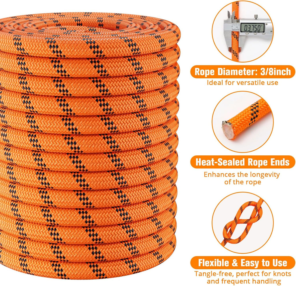 Double Braided Arborist Rigging Rope - 3/8 in X 100 ft 48 Strands Rappelling Outdoor Pulling Heavy Duty Polyester Bull Rope for Swing Tree Work Camping Rescue Hiking - Orange