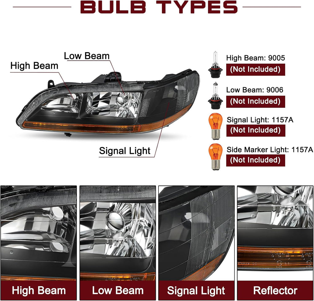 JSBOYAT Headlight Assembly Replacement for 1998-2002 Honda Accord Black Housing with Amber Reflector (Driver and Passenger Side)