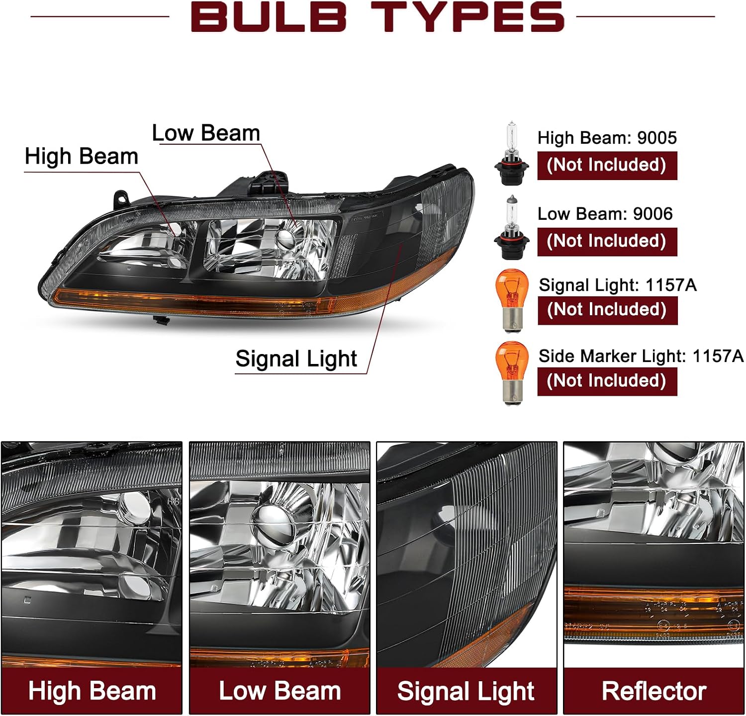 JSBOYAT Headlight Assembly Replacement for 1998-2002 Honda Accord Black Housing with Amber Reflector (Driver and Passenger Side)
