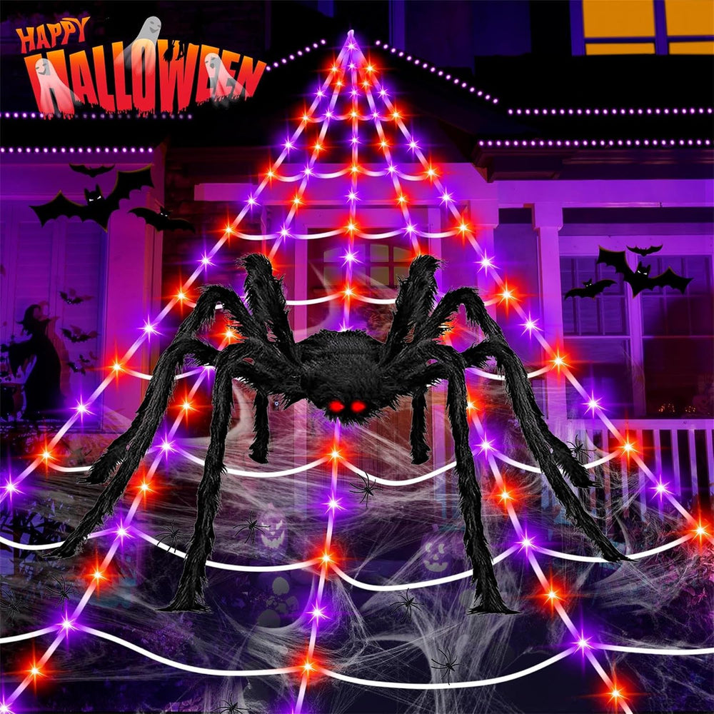 Halloween Giant Spider Web Lights Decorations Outdoor, 16.4Ft 200 LED Lighted...