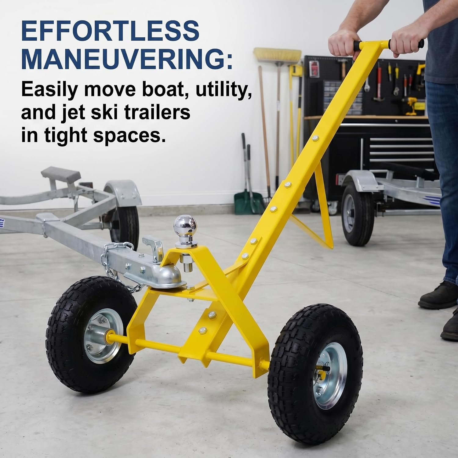 Yellow Heavy-Duty Steel Trailer Dolly with 10-Inch Pneumatic Tires, 600 lb Tongue Weight Capacity for Boat, Utility, and Jet Ski Trailers
