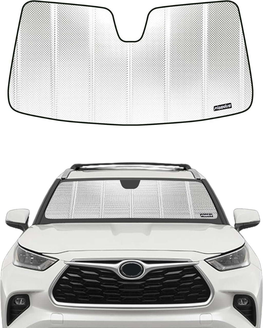 Pigenius Windshield Sun Shade for Toyota Highlander & Highlander Hybrid (Incl. 25th Edition) 2020-2026, NOT for Grand Highlander, Reflective Aluminum Film Front Window Sunshade - BLAZBLOCK