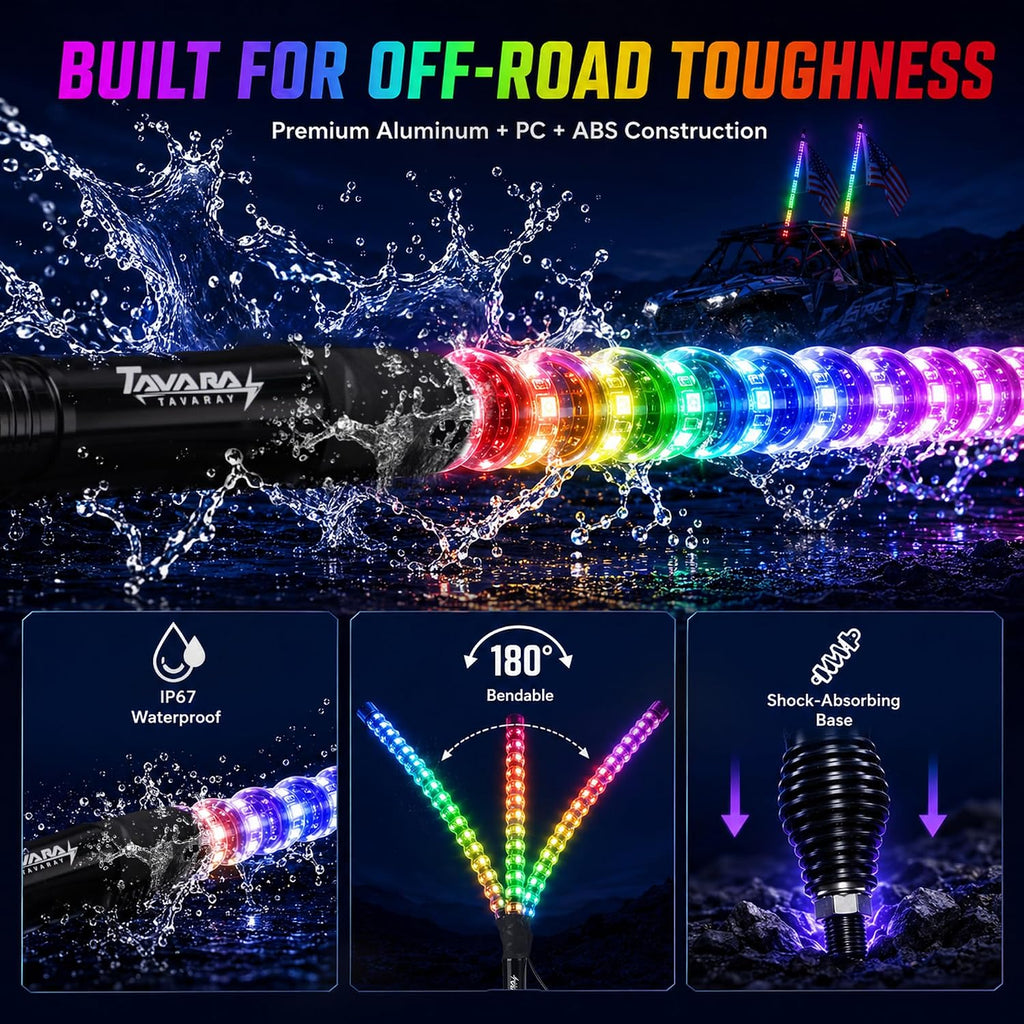 Tavaray 2FT LED Whip Lights 2-Pack with Spring Base, App & Remote Control Spiral Chasing Lighted Whips, Waterproof Off-Road Flag Lights for UTV ATV SXS