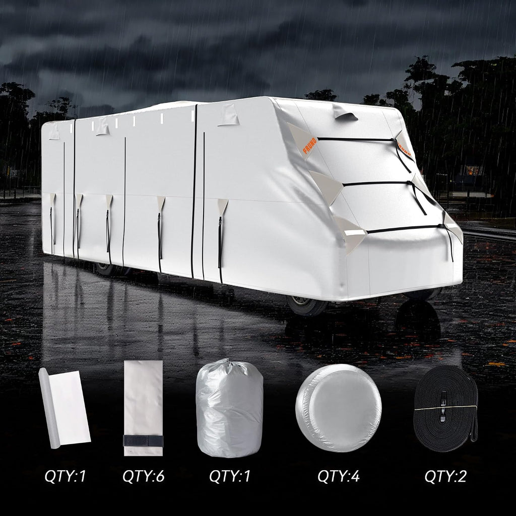 FRUNO Oxford Fabric Class C RV Cover Fits 23'-26' Waterproof Rip-Resistant Anti-UV Motorhome Camper Cover for Winter Snow with 4 Tire Covers and Gutter Covers