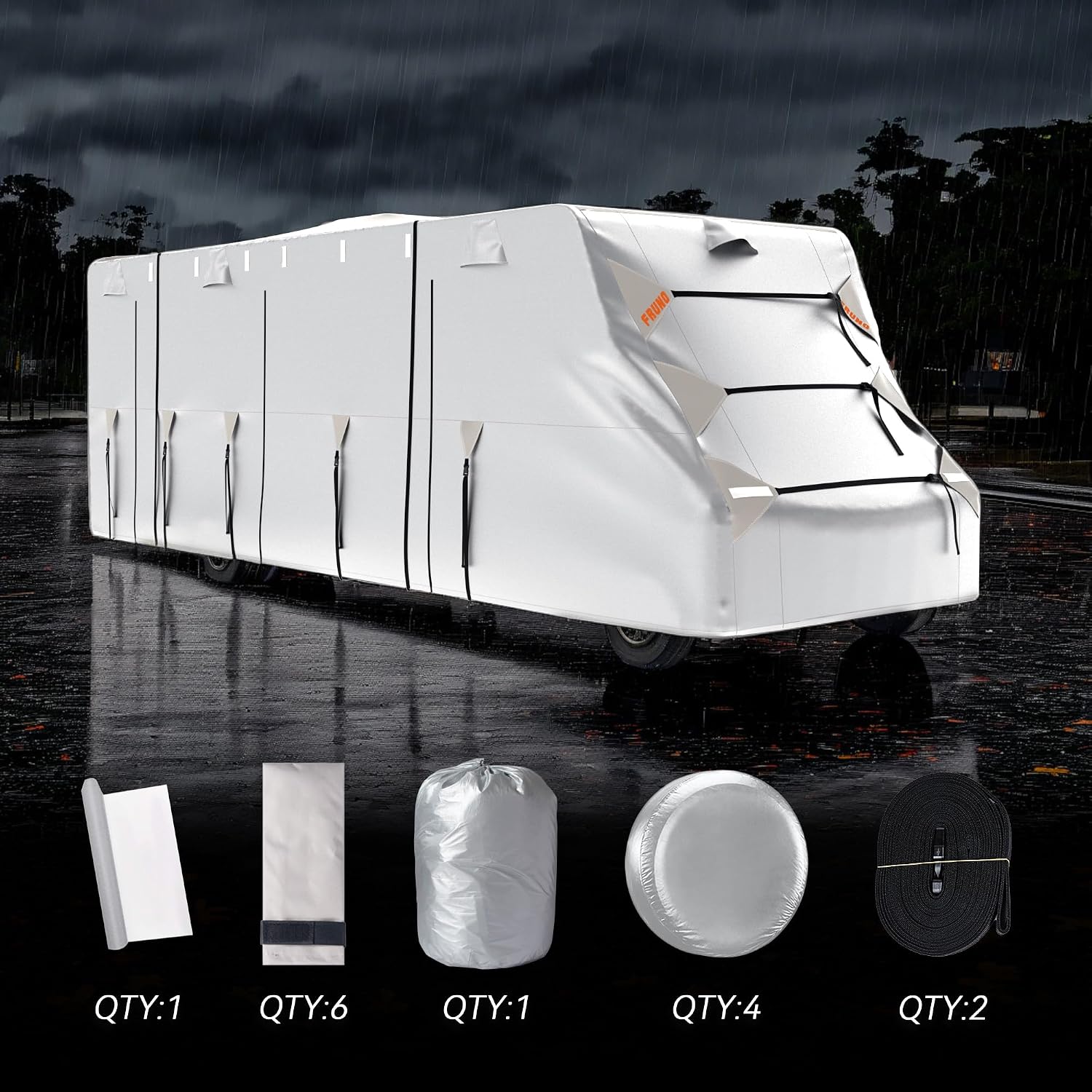 FRUNO Oxford Fabric Class C RV Cover Fits 23'-26' Waterproof Rip-Resistant Anti-UV Motorhome Camper Cover for Winter Snow with 4 Tire Covers and Gutter Covers