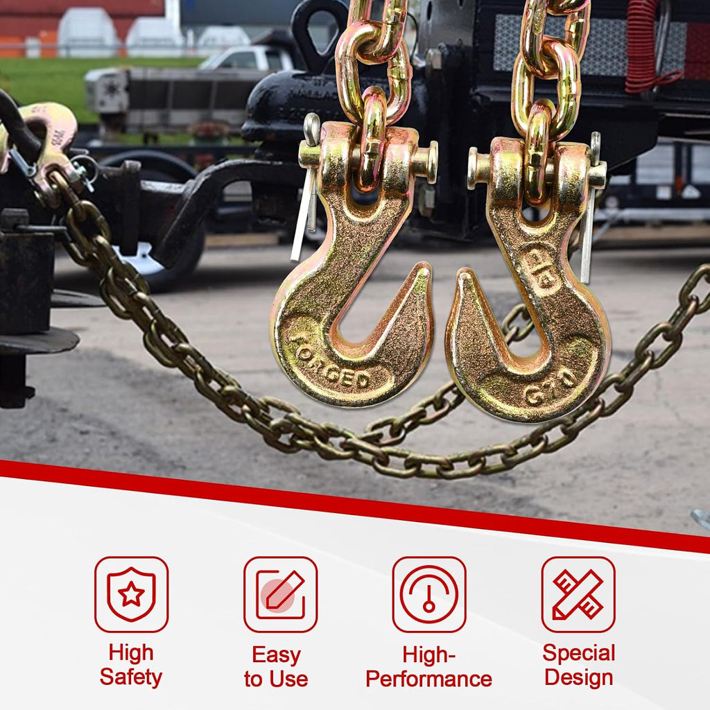 Heavy Duty G80 Transport Binder Chain 1/4'' Inch x 12 Feet,Tow Chain with G70 Clevis Grab Hooks,3300 lbs Safe Working Load Logging for Transporting, Towing(1/4'' x 12FT Yellow).