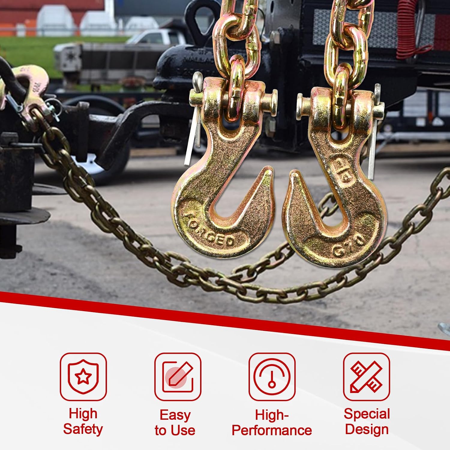 Heavy Duty G80 Transport Binder Chain 1/4'' Inch x 12 Feet,Tow Chain with G70 Clevis Grab Hooks,3300 lbs Safe Working Load Logging for Transporting, Towing(1/4'' x 12FT Yellow).