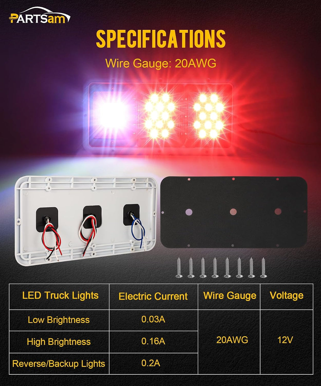 Partsam 2x LED Triple Tail Lights 45 LEDs, Rectangle Vertical or Horizontal Mount LED Trailer Camper RV Tail Lights Stop Turn Tail Backup Reverse Lights Taillights w/White Base - Red/Clear Lens 12V